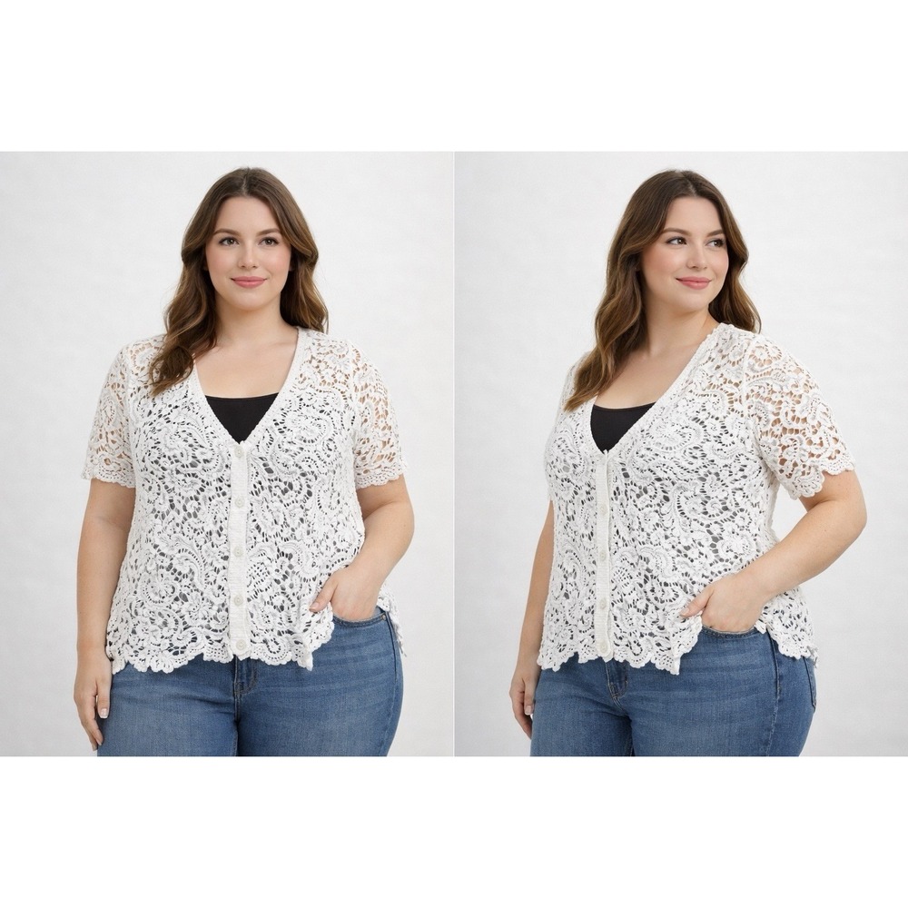 Questions by Say What Women Lace Top Large Ivory Sheer Floral Crochet Boho Blous
